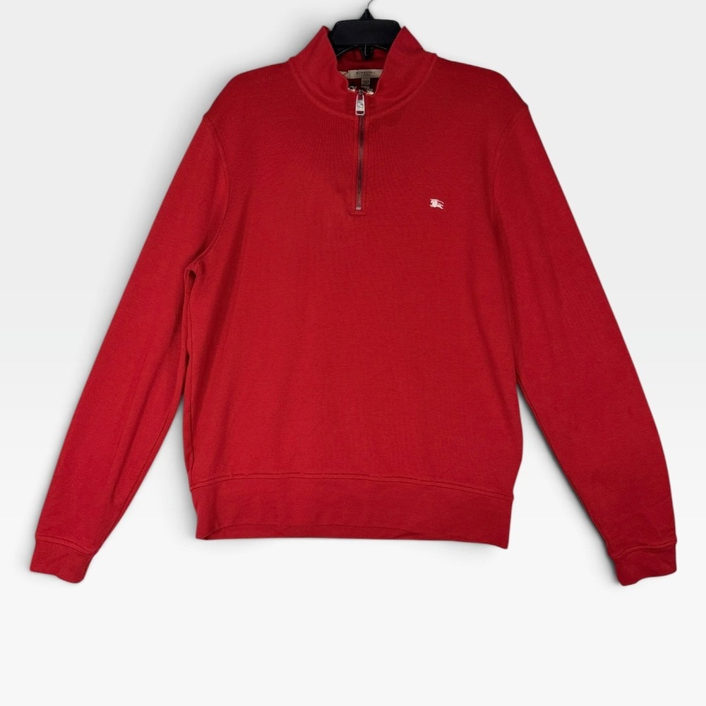 Burberry London Pullover Quarter Zip Mens Large Red Nova Check Trim Excellent